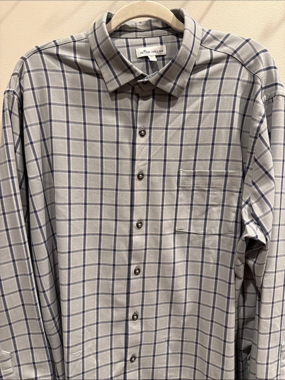 Peter Millar Gray Shirt with Blue Windowpane Plaid